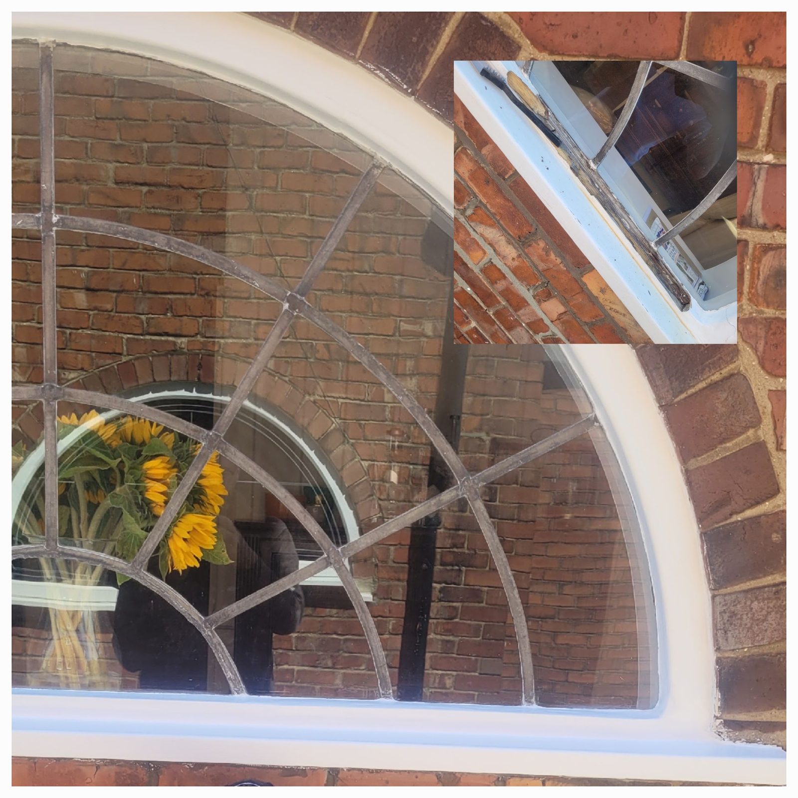 Arched window frame freshly painted white in a red-brick wall, with a close-up of the finished glazing bars