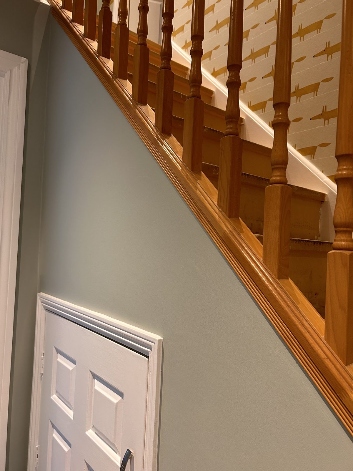 Sage-grey stairwell wall with a white panel door under the stairs